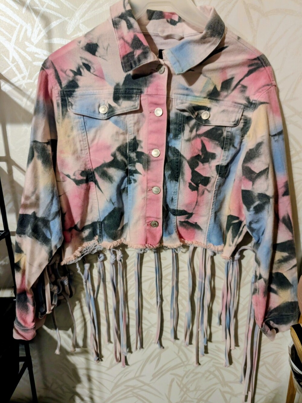 Thrill Jeans Tie-Dye Fringe Cropped Denim Jacket - Pink Blue Multicolor XL